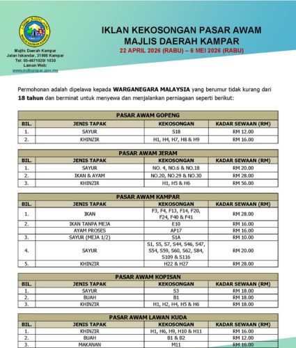 IKLAN KEKOSONGAN PASAR AWAM MAJLIS DAERAH KAMPAR APRIL 2026