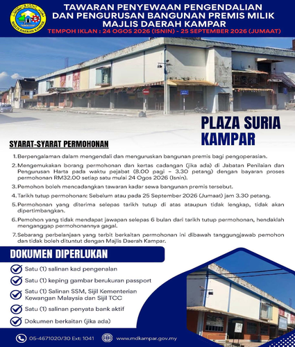 TAWARAN PENYEWAAN PENGENDALIAN DAN PENGURUSAN BANGUNAN PREMIS  PLAZA SURIA KAMPAR