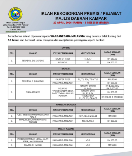 IKLAN KEKOSONGAN PREMIS / PEJABAT MAJLIS DAERAH KAMPAR APRIL 2026