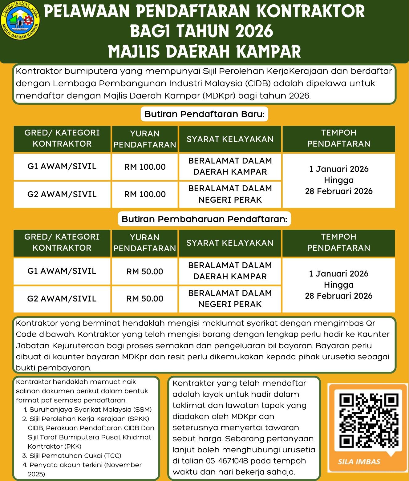 PELAWAAN PENDAFTARAN KONTRAKTOR BAGI TAHUN 2026 MAJLIS DAERAH KAMPAR